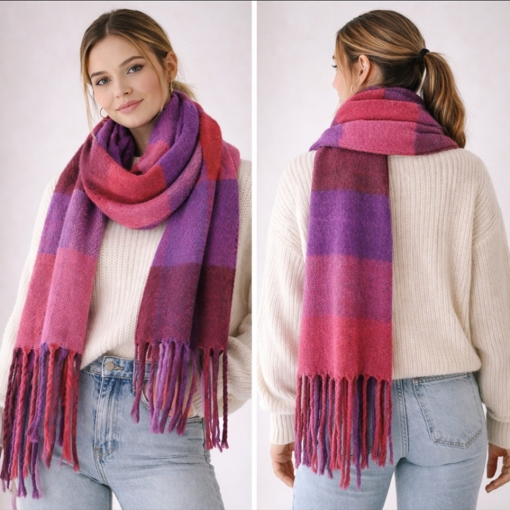 Plaid Fringe Scarf Pink Purple Cozy Oversized Winter Soft Girl Y2K Aesthetic